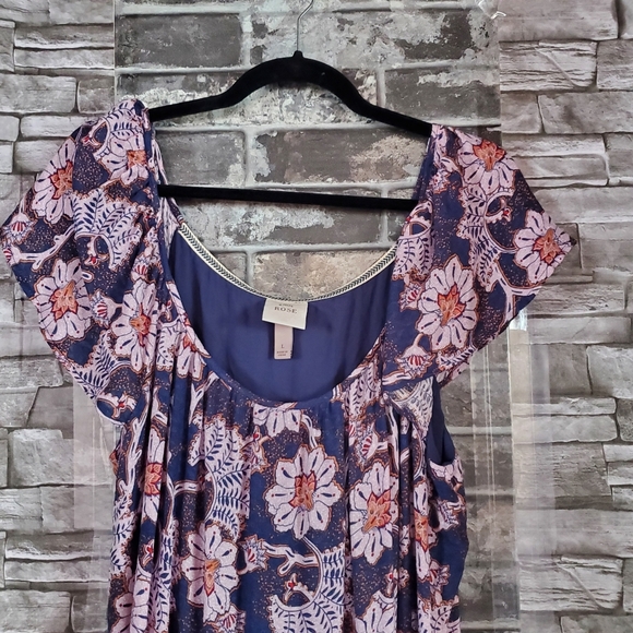 Knox Rose Blue Floral Tiered Maxi Dress Pullover Scoop Neck Short Sleeves Large - Picture 2 of 10